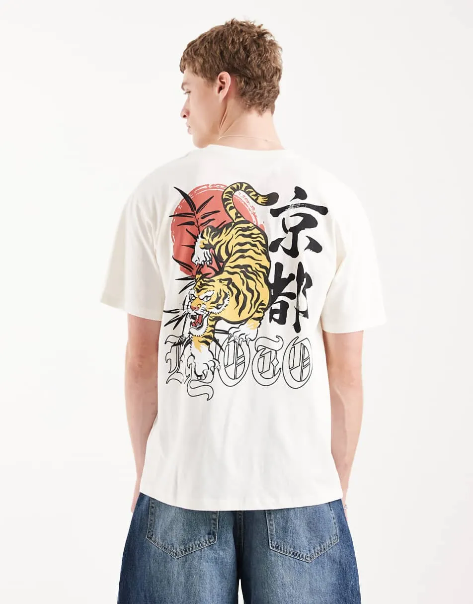 Jack & Jones tiger print t-shirt in off white