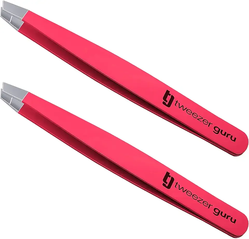 Tweezer Guru Tweezers for Women Facial Hair & Men – Precision Slant-Pointed Eyebrow Tweezer for Ingrown Hair, Blackhead & Splinter Removal (2 Bright Pink)