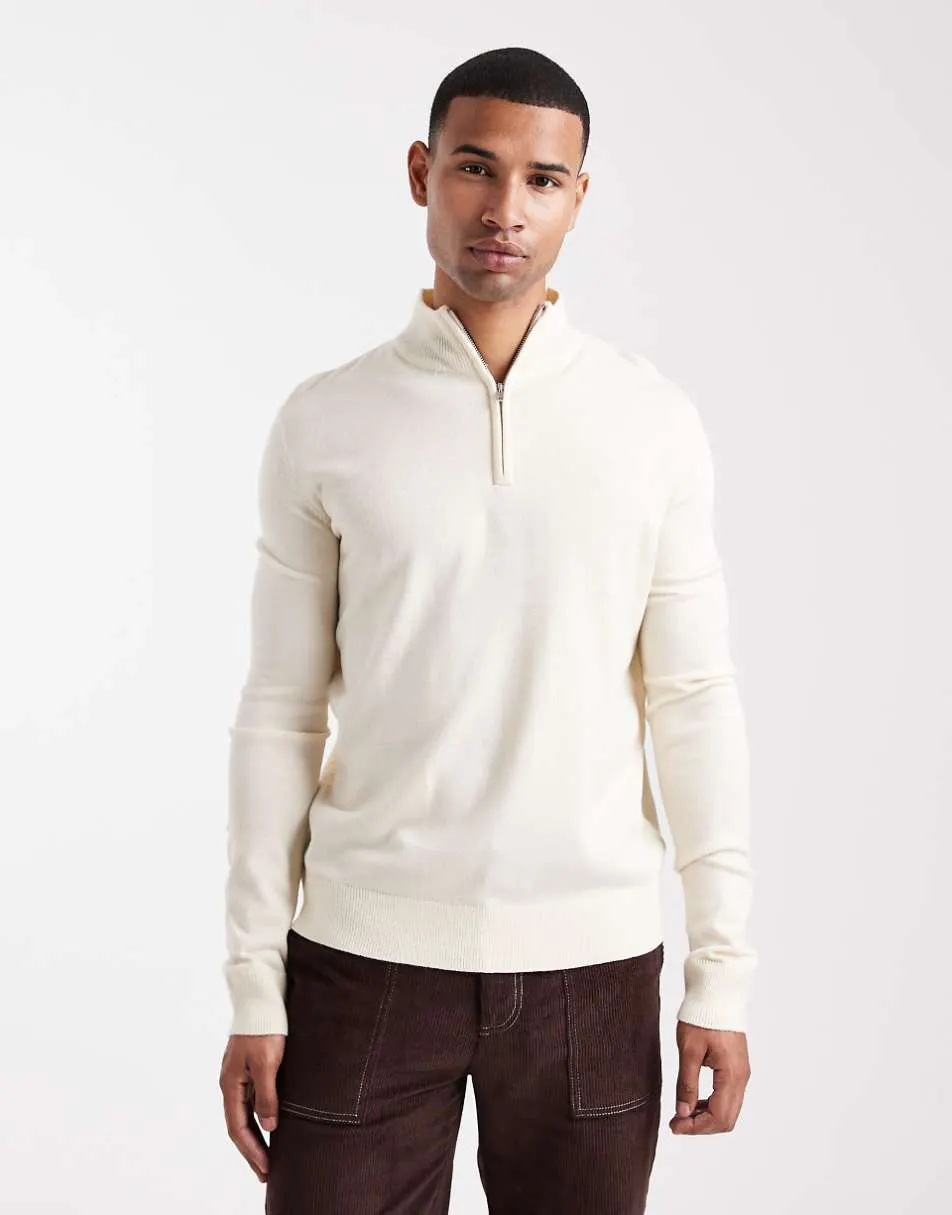 Brave Soul fine knit quarter zip jumper in stone