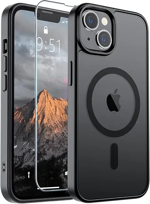 SUPFINE Magnetic for iPhone 13 Case/iPhone 14 Case with Screen Protector (Compatible with MagSafe)(Military Grade Drop Protection) Translucent Matte Phone Cover,Black