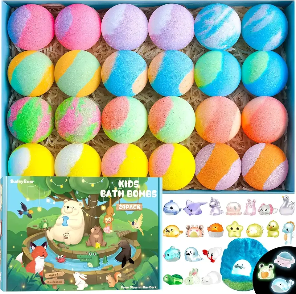 Bath Bombs for Kids with Surprise Inside – 24 Pack Handmade Bath Bombs with Glow-in-The-Dark Land & Sea Toys, Fizzy Bath Salt Balls, Birthday Party Favors for Boys and Girls