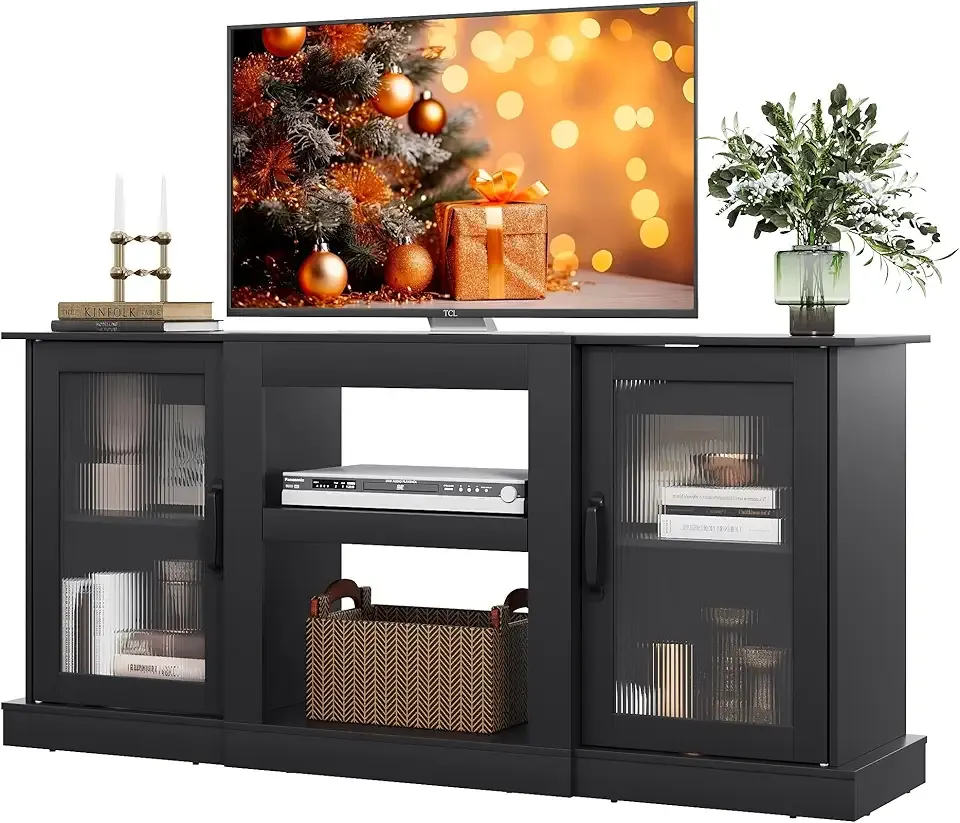 Farmhouse TV Stand for 65 inch TV, 58" Entertainment Center with Storage Cabinets, Open Shelves TV Console for Living Room and Bedroom, Black