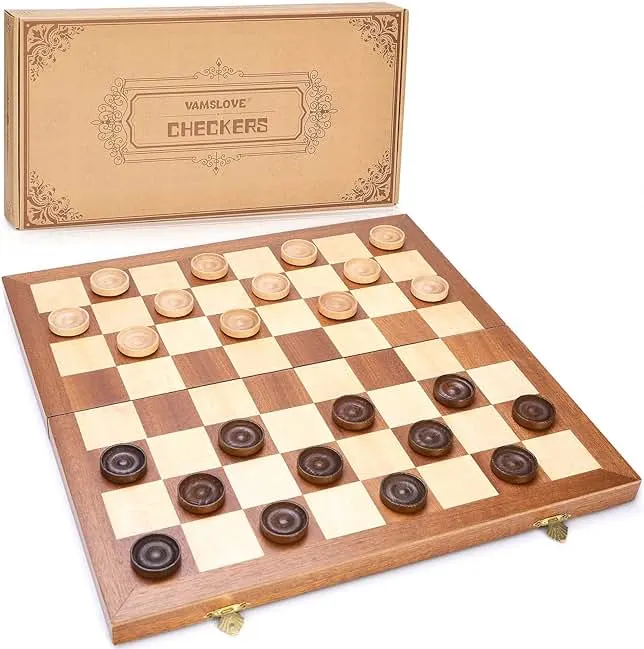 VAMSLOVE 14inch Checkers Folding Wooden Game Set, 8x8 Classic Checkerboard International Checkers Draughts Board 64 Square with Pie…