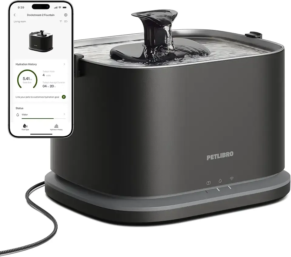 PETLIBRO Upgrade Cat Water Fountain Stainless Steel Tray, Dockstream 2 Cat Fountain Indoor, 3L/101oz Auto Cat Fountains for Drinking, App Monitoring Pet Water Fountain Dog, 5G WiFi Cat Water Dispenser