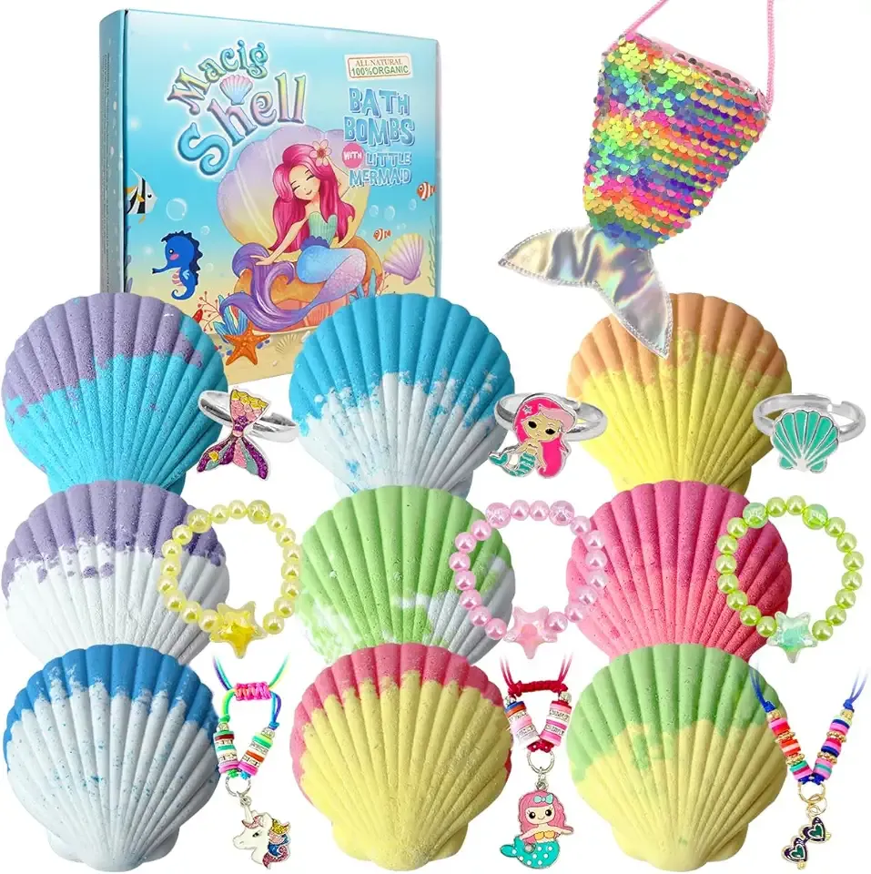 Skin-Safe Magic Shell Bath Bombs for Kids with Surprise Jewelrys Inside, 9 Extra Large Bath Salts with Calming and Long Lasting Scent, Natural Bubble Bath Bombs for Girls Sensitive Skin