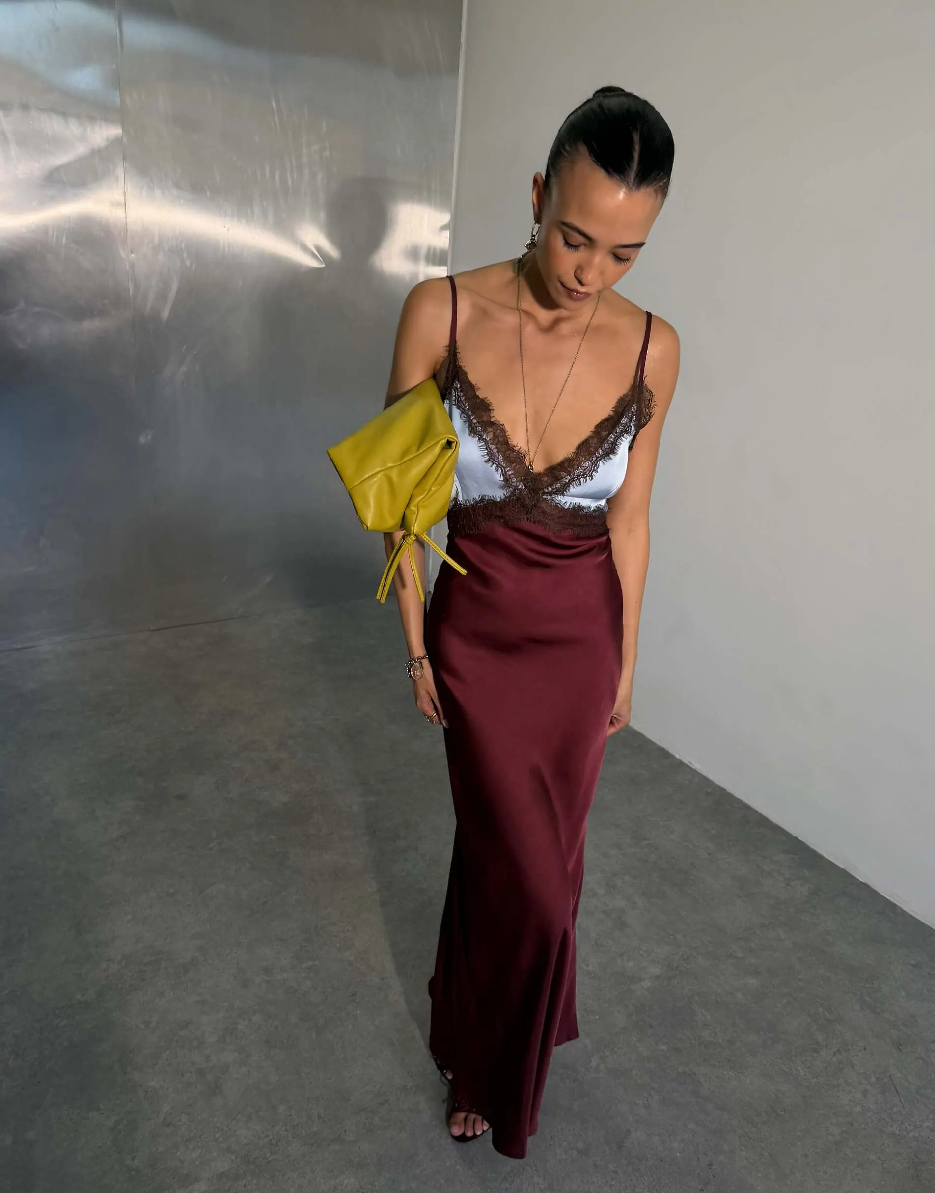 Never Fully Dressed satin bias cami two tone lace detail maxi dress in burgundy and pale blue