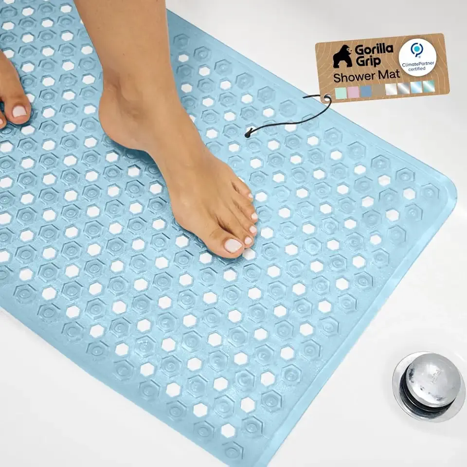 GORILLA GRIP Patented Bath Tub Shower Mat, Machine Washable Bathtub Floor Liner Mats, Suction Cups and Drain Holes to Keep Tubs Clean, Soft on Feet, Bathroom Essentials, 35x16 Inch, Clear Blue