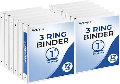 1 Inch 3 Ring Binder with 2 Interior Pockets, Round Ring Binder Holds Up to 200 Sheets of 8.5'' x 11'' Letter Size Paper for Office,School&Home Organization (White,12-Pack) 1 Inch 3 Ring Binder with 2 Interior Pockets, Round Ring…