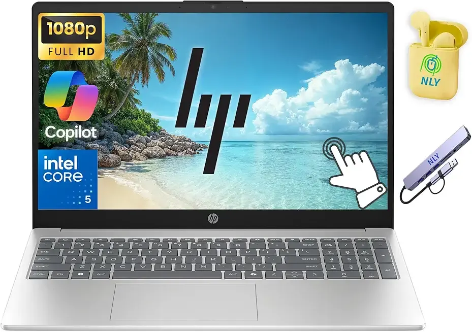 HP 15.6" FHD Touchscreen Business Laptop Computer, Intel 10-Core i5 Processor, 16GB RAM 512GB Storage (256GB SSD+256GB Docking Set), Windows 11, Numeric Keypad, NLY Earphones, Natural Silver
