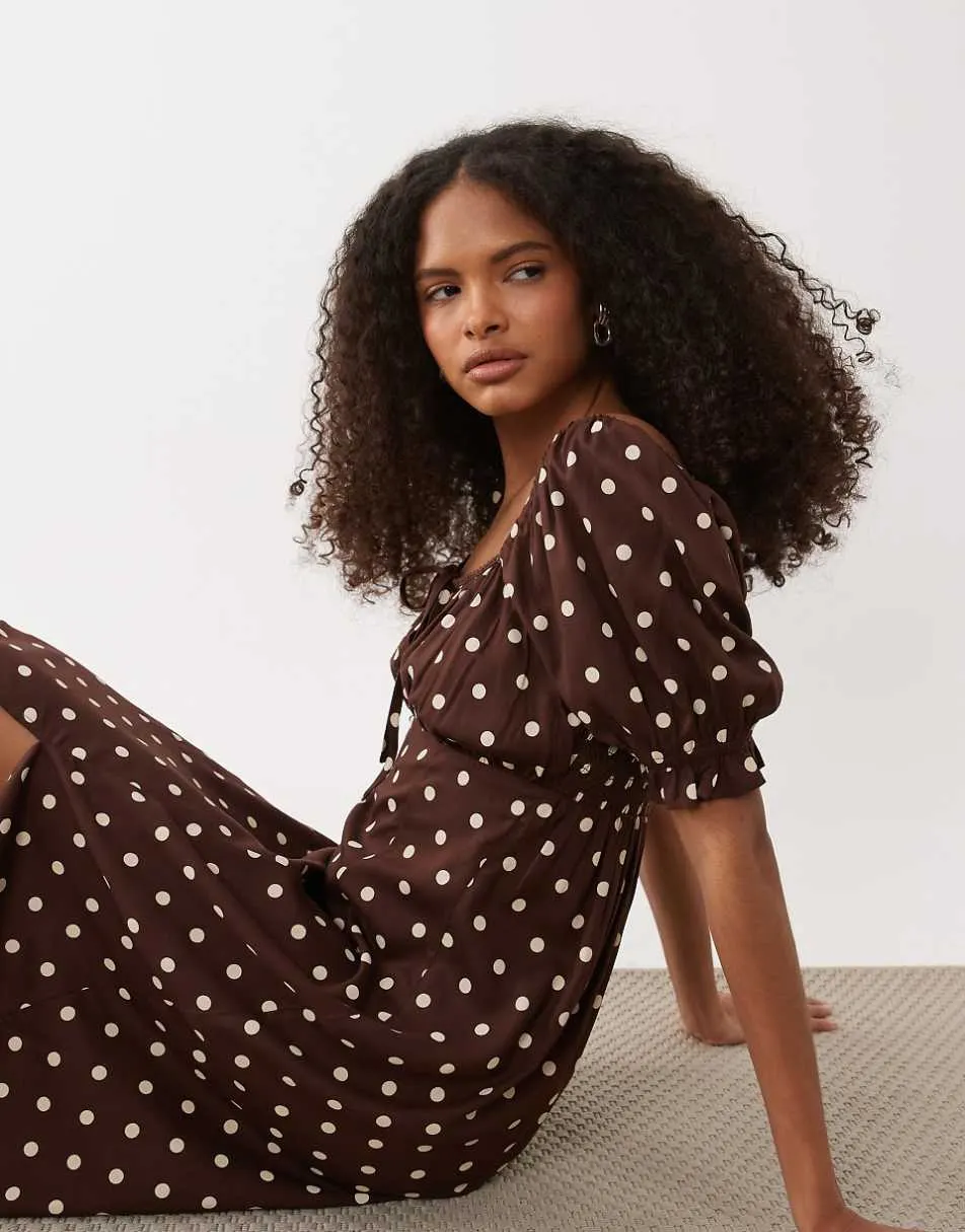 Miss Selfridge spun puff sleeve maxi dress in choc polka dot