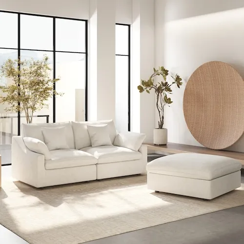 Magic Home 83 in. W Square Arm Linen Upholstered Rectangle 2-Seater Sectional Sofa with Ottoman in. White