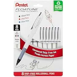 Pentel Floatune Rollerball Pen, (0.8mm), Medium Point, Black/Blue/Red Ink, Pack of 8 pens (BY108PF8OFC)