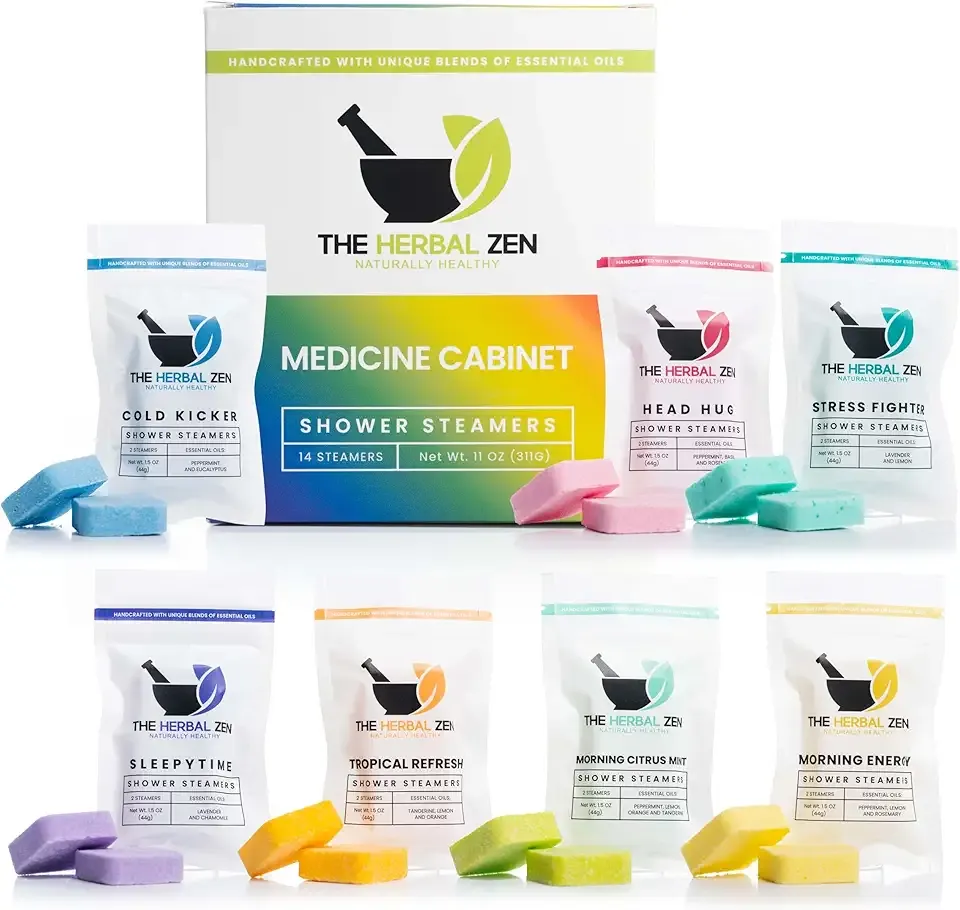 The Herbal Zen Shower Steamers Aromatherapy Pure Essential Oils - 14 Pack | 7 Blends Variety Gift Set | Shower Bombs Aromatherapy for Women and Men | Natural Vapor Tablets | Handmade in USA