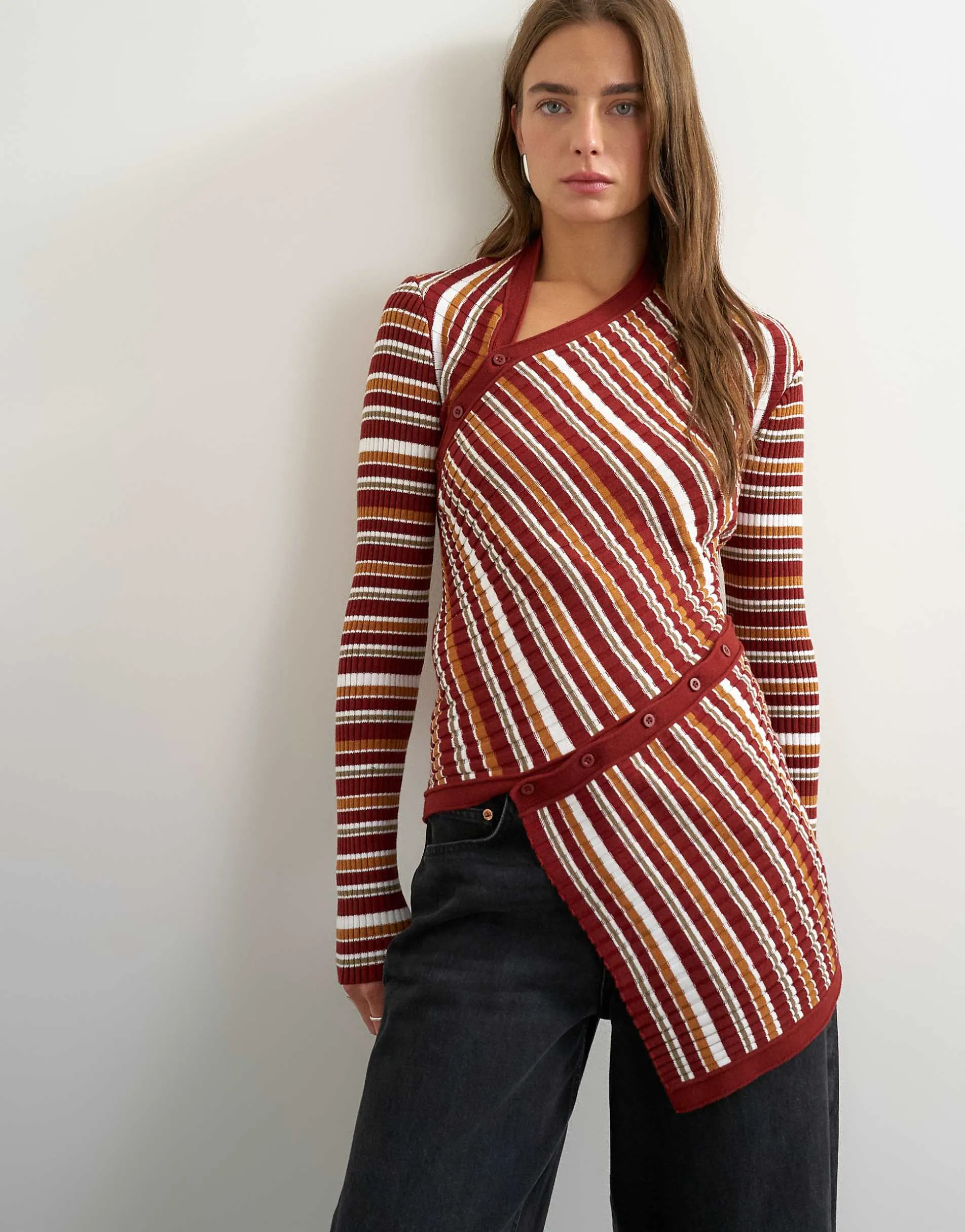 Topshop knitted asymmetric longline ribbed stripe top in red