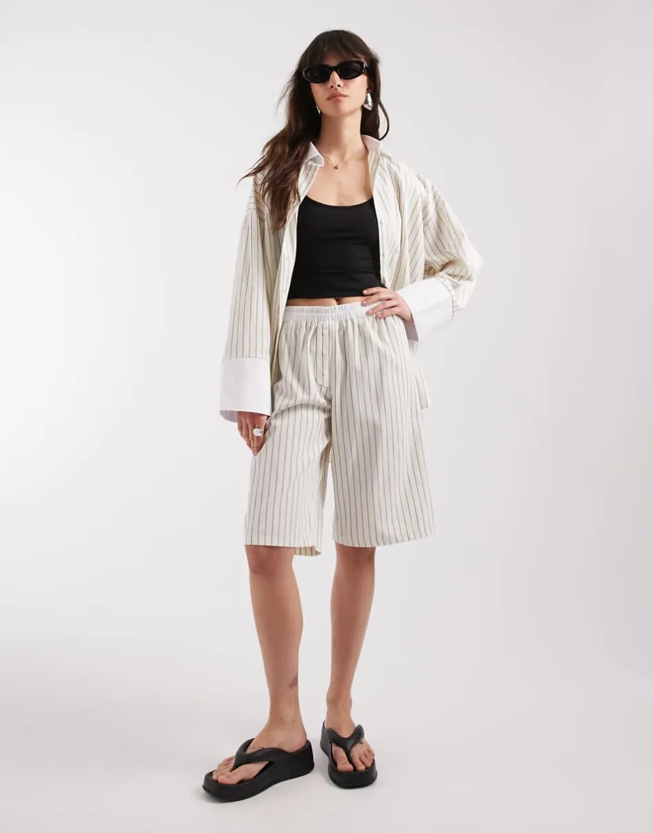 ASOS DESIGN boxer waistband pull on bermuda shorts in ecru stripe co ord