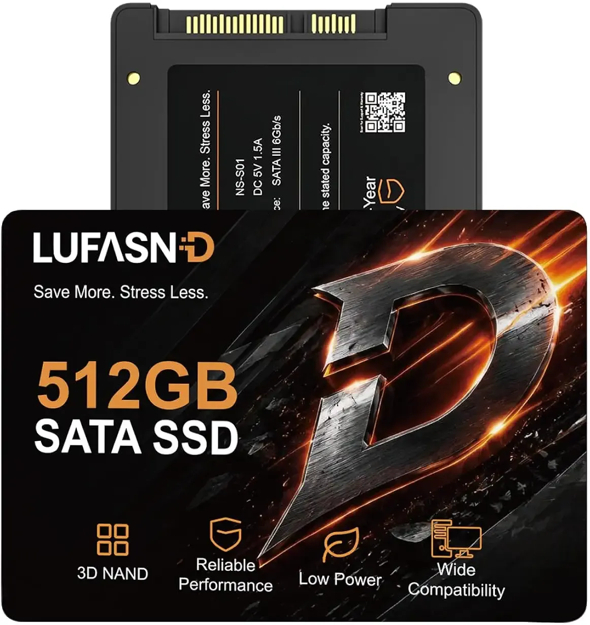 Internal 512GB SATA SSD, 2.5 Inch SSD SATA III 6Gb/s, Solid State Drive, Up to 520MB/s Read Speed, 3D NAND Flash, Compatible with Laptop & Desktop PC