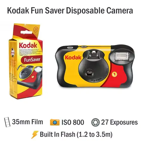 Original Kodak FunSaver 35mm Waterproof HD Power Disposable Single Use Point-and-Point Film Camera with Flash - 27/39 Exposures