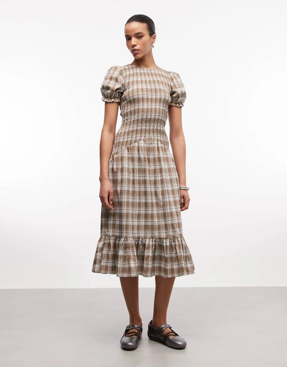 Daisy Street drop waist shirred midi dress with puff sleeves in brown check