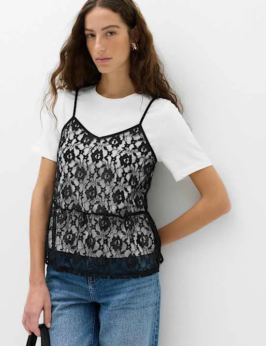 Doppellagiges T-Shirt aus reiner Baumwolle mit Spitze