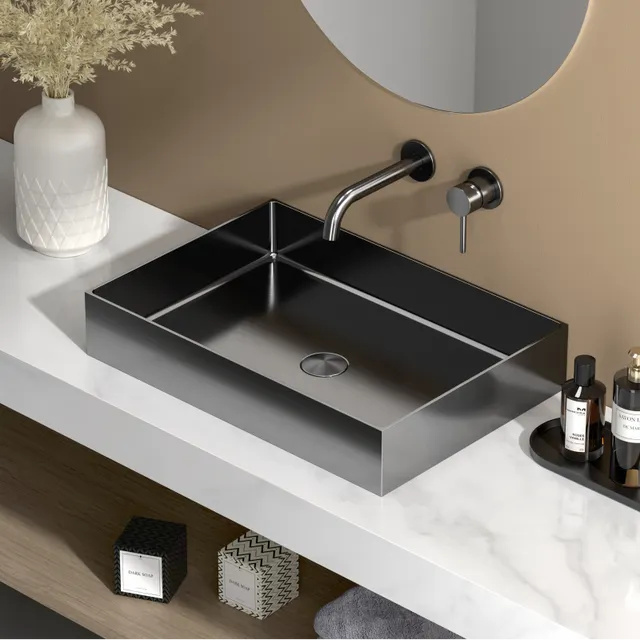 Timeless Lavabo sobre encimera, acero inox 304, 55x38x11 cm, sin rebosadero + válvula, gun metal cepillado PVD (TMLW-5538BGM)