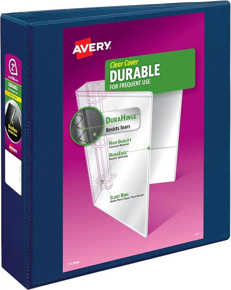 Avery Durable View 3 Ring Binder, 2" Slant Rings, 1 Navy Blue Binder | For Daily School, Home and Office Use, Tear-Resistant Spine, DuraEdge Split-Resistant Edges, Clear Customizable Overlays