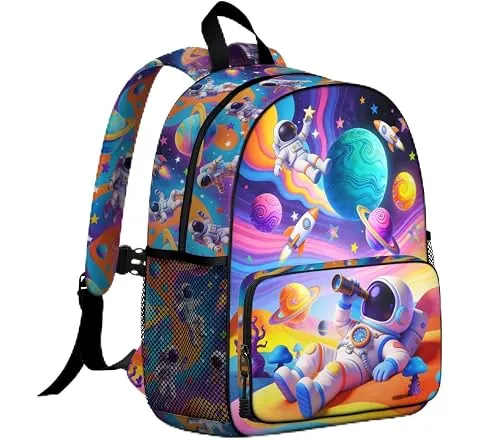 Bawpkn Astronaut Toddler Backpack Boy Colorful School Bag for Girls Kids School Lightweight Bookbag with Adjustable Buckled Chest Straps for Preschool Kindergarten Elementary
