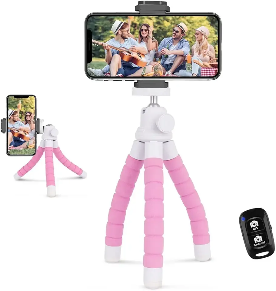 Ubeesize Portable Tripod Stand with Wireless Remote & Clip, Flexible Phone Holder for Video Recording (Pink)