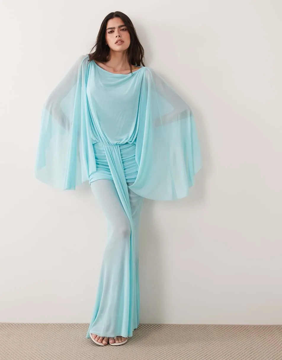 I.AM.GIA Elaria extreme cape sleeve low back drape detail maxi dress in turquoise