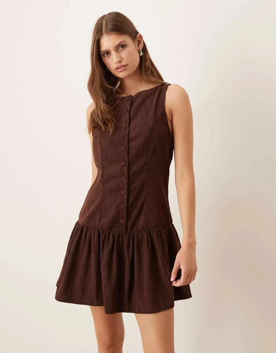 ASOS DESIGN cord slash neck button down dropped waist mini dress in chocolate