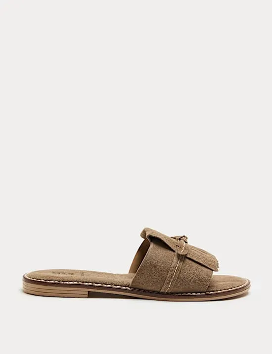 Suede Fringed Flat Mules