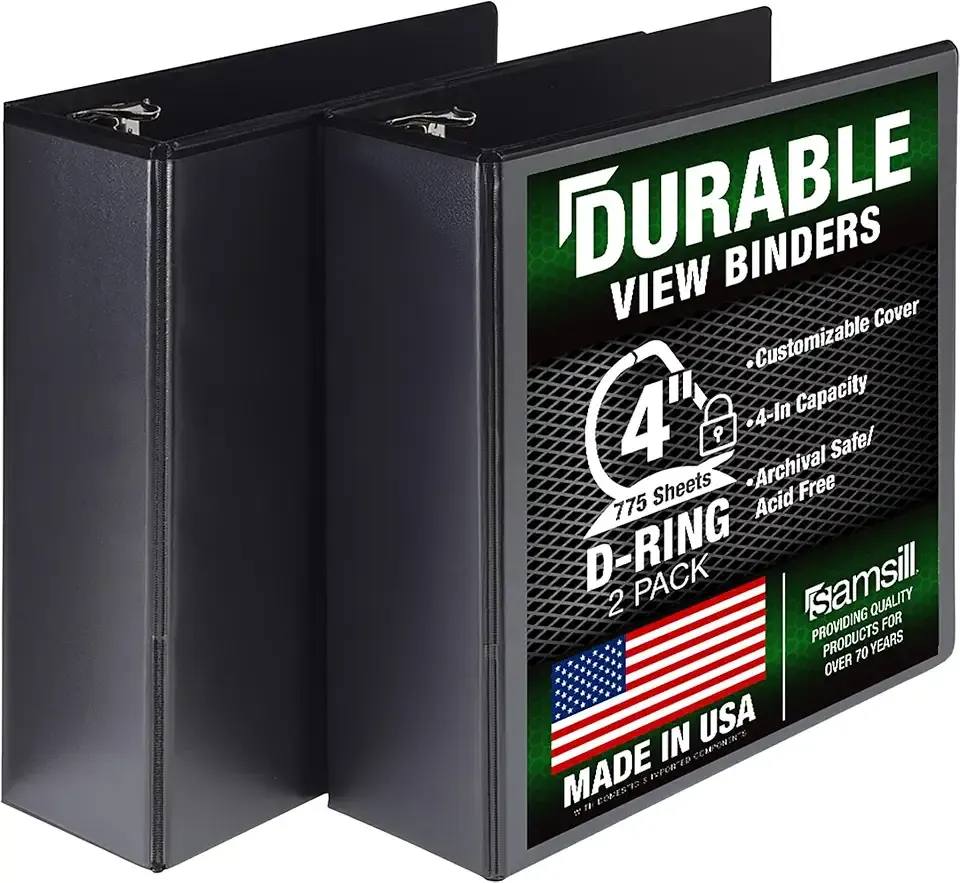 Samsill Durable 4 inch 3 Ring Binder, D Ring Binder, 100% Recycled Chipboard, Black, 2 Pack