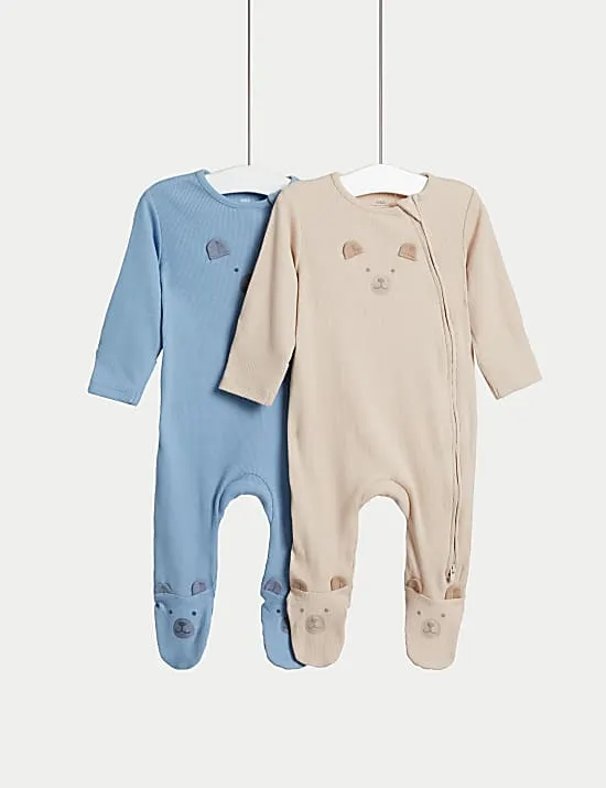 2pk Cotton Rich Bear Sleepsuits (6½lbs-3 Yrs)