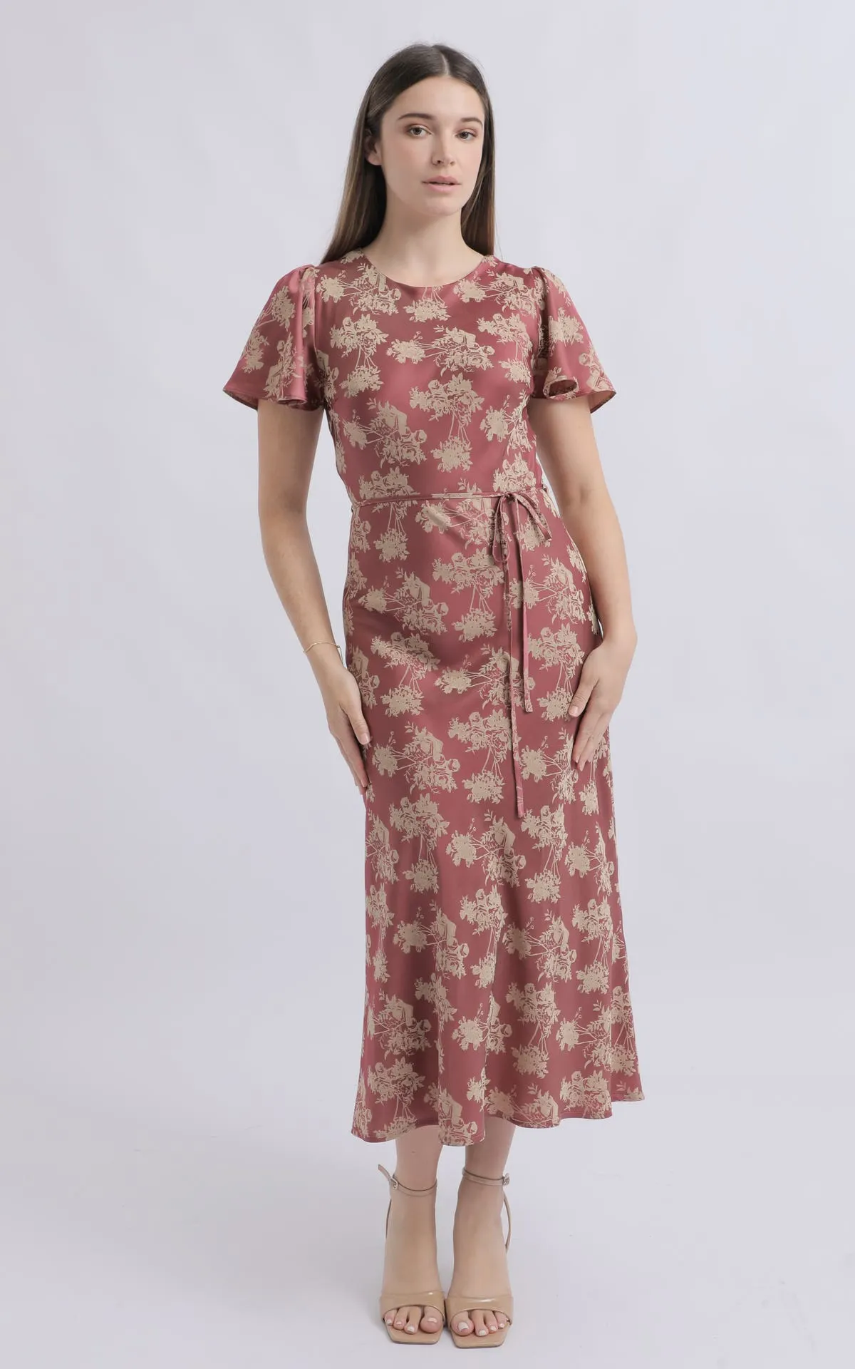 Jacquard Satin Flutter Sleeve Dress