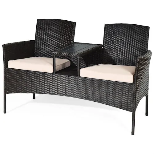 Patio Rattan Chat Set Loveseat Sofa Table Chairs Conversation Cushioned Beige