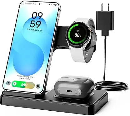 3-in-1 Charging Station for Samsung, Foldable Wireless Charger Stand | Android Phone and Watch Charger for Samsung S26/S25/S24/S23/S22/S21, Note 20/10, Z Fold 6/5, Galaxy Buds and Watch-Black 3-in-1 Charging Station for Samsung, Foldab…