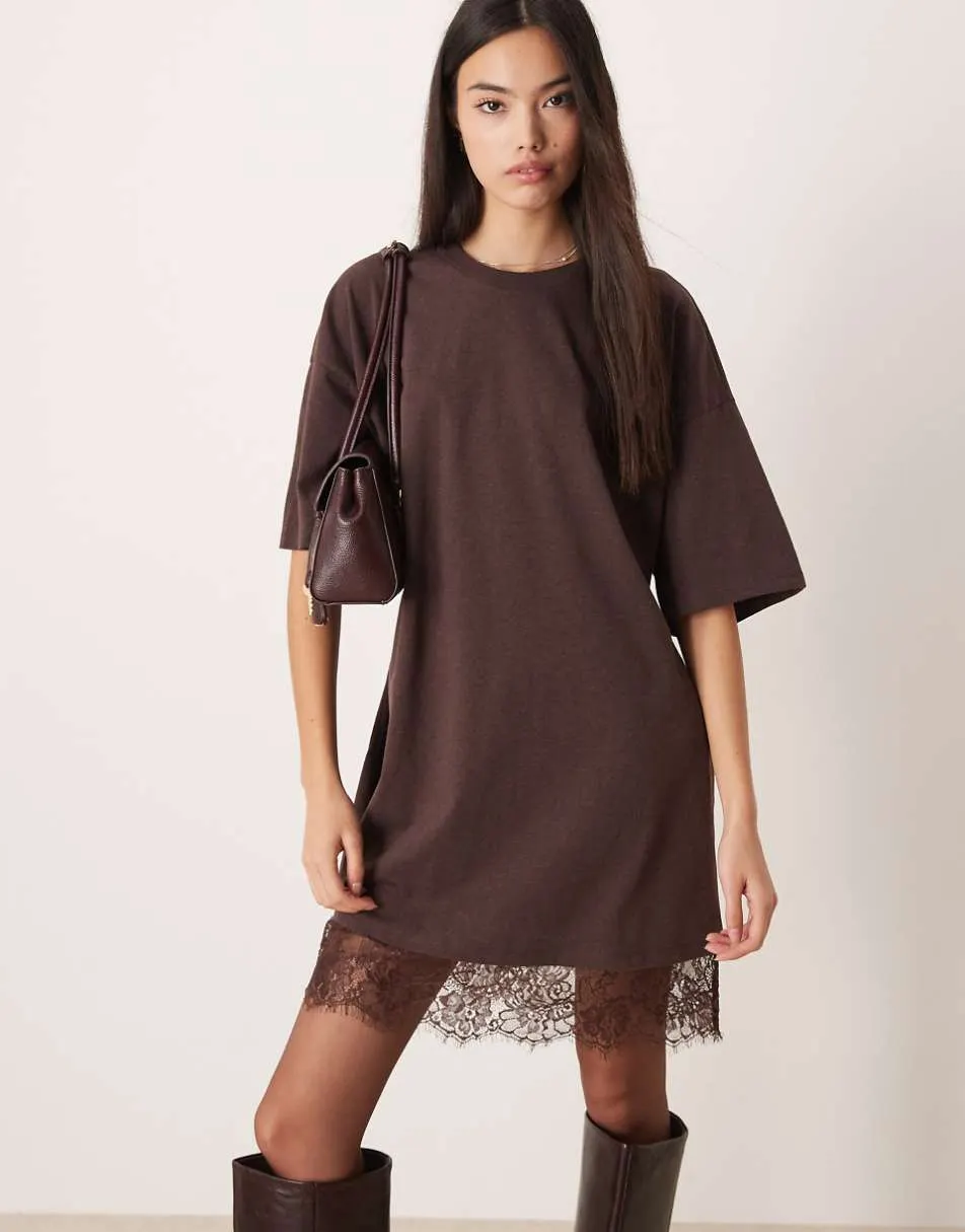 ASOS DESIGN oversized mini dress with lace hem trim in chocolate