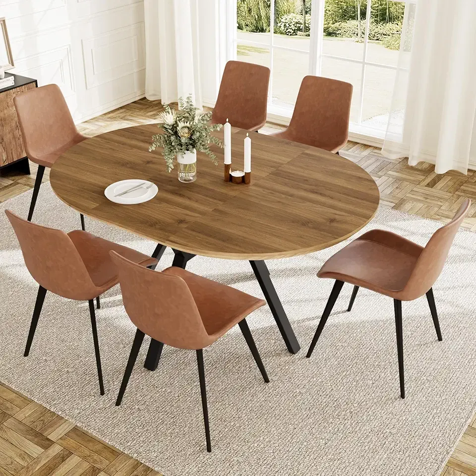Extendable Round Dining Table Set for 6 People, 43.3"-59.1" Extendable Kitchen Table with 6 Upholstered Chairs, Space Saving for Kitchen Dining Room (Walnut Table+6 Brown Chairs)