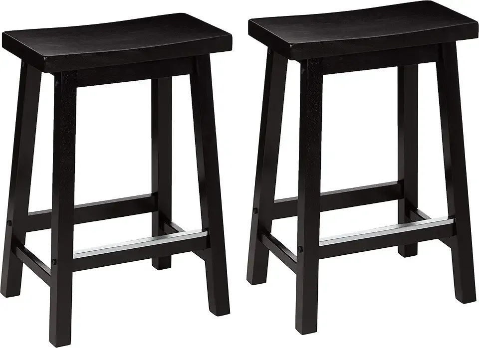 Amazon Basics Solid Wood Saddle-Seat Kitchen Counter Barstool with Footrest, Easy Assembly - 24-Inch Height - Black - Set of 2