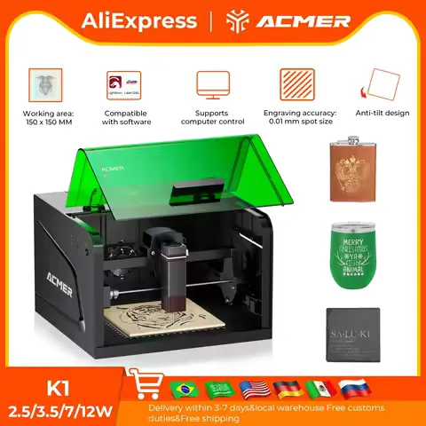 ACMER K1 Sealed Laser Engraving Accuracy 0.01mm Cutting CNC Machine 10000mm/min Working Area Size 150*150mm For DIY Teaching