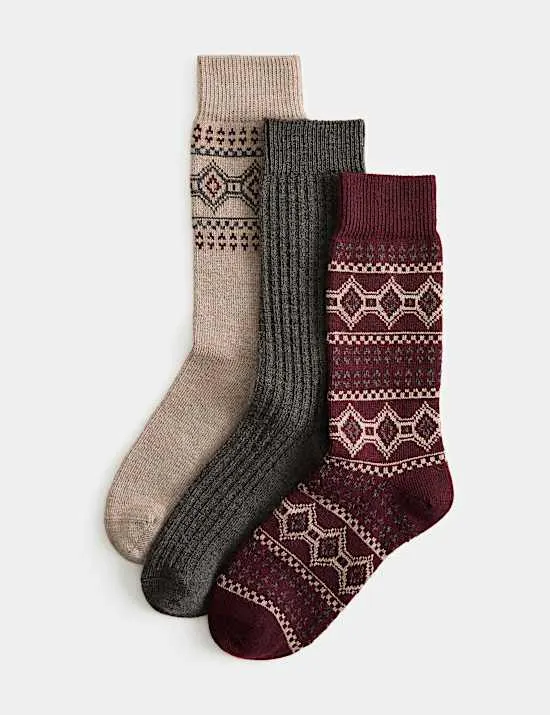 3er-Pack gemusterte Socken mit Wollanteil