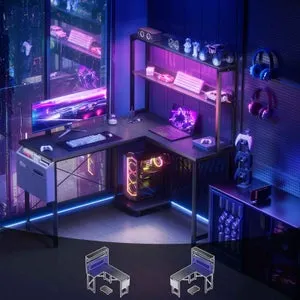 Escritorio Gaming en L con LED & Toma de Corriente, Mesa Reversible 53" con Estante, Bolsa de Almacenamiento & Gancho para Oficina en Casa, Negro