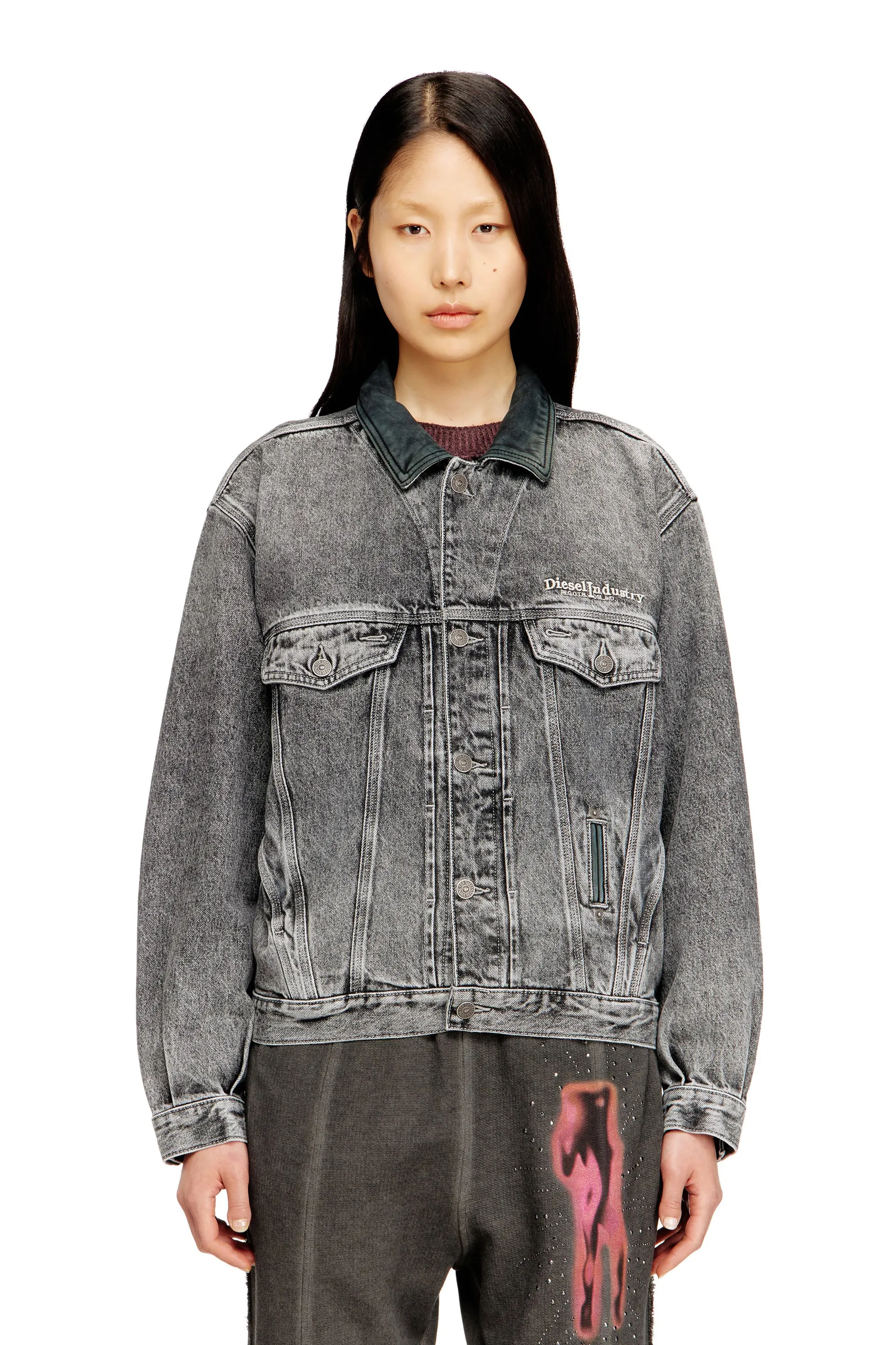 Denim trucker jacket with tonal leather trims