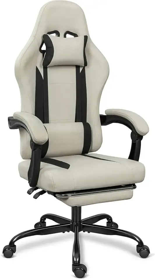 Breathable Fabric Gaming Chair with Footrest, Height Adjustable Game Chair, Video Gaming Chair for Gaming Room, Living Room and Office - Beige/Black