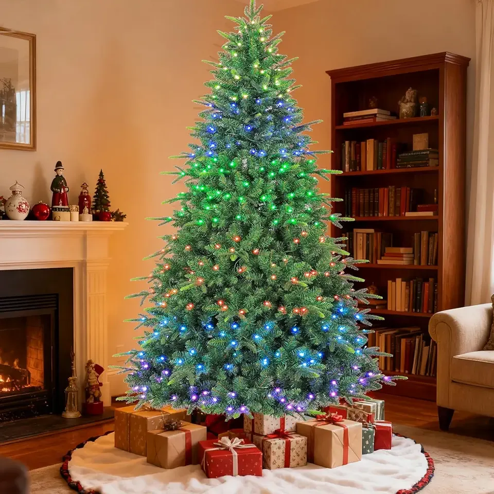 Hykolity 7.5 ft Prelit Artificial Christmas Tree with Remote Control, 1948 PE&PVC Branch Tips, Artificial Hinged Christmas Tree with 450 Multi-Color RGB Lights for Decoration, 15 Modes