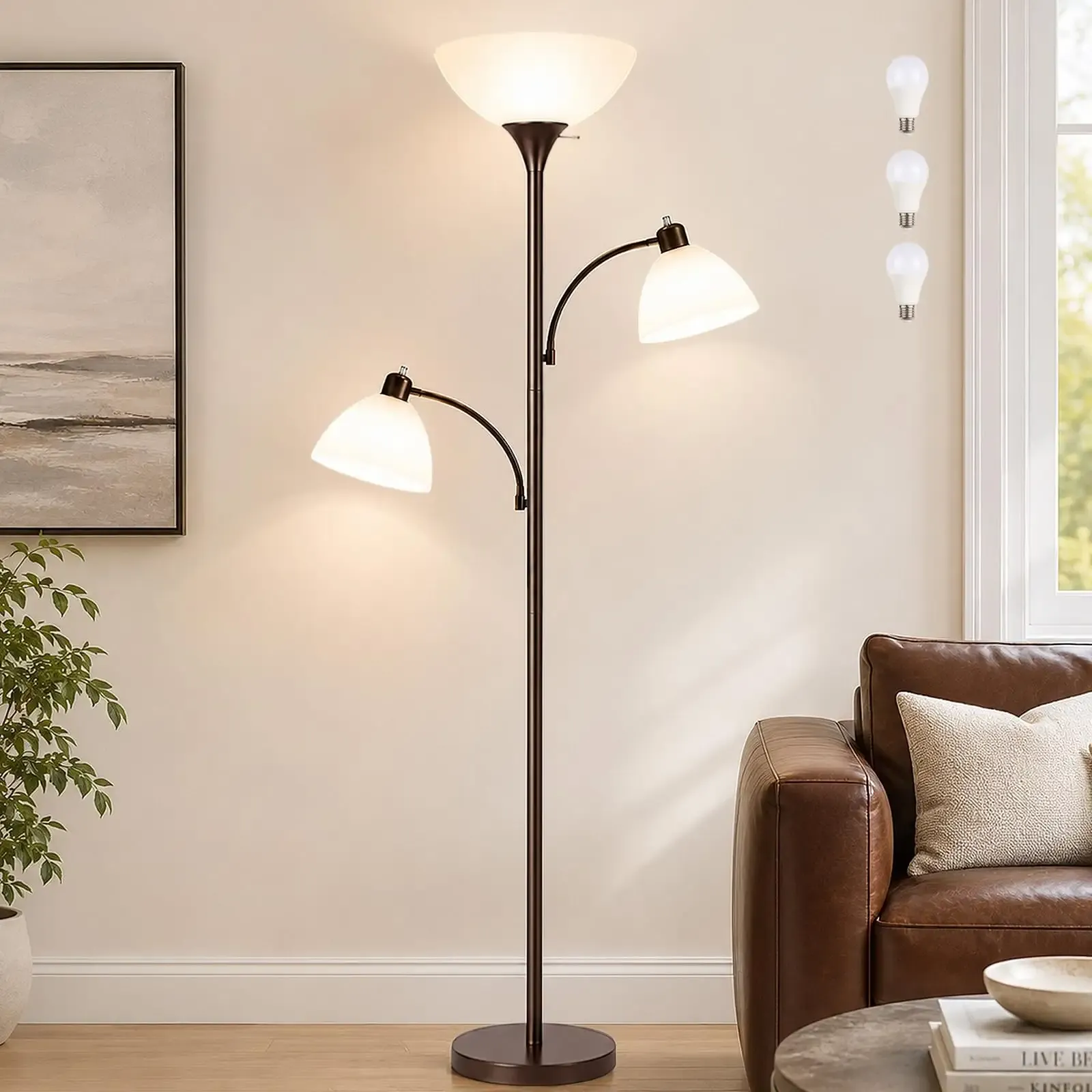 3-Head Torchiere Floor Lamps with 2 Reading Lamp for Living Room-Brown | 72IN Tall Standing Lamps with 3 Separate Switches, Industrial lamp for Living Room Bedroom Office, 3 Bulbs Included