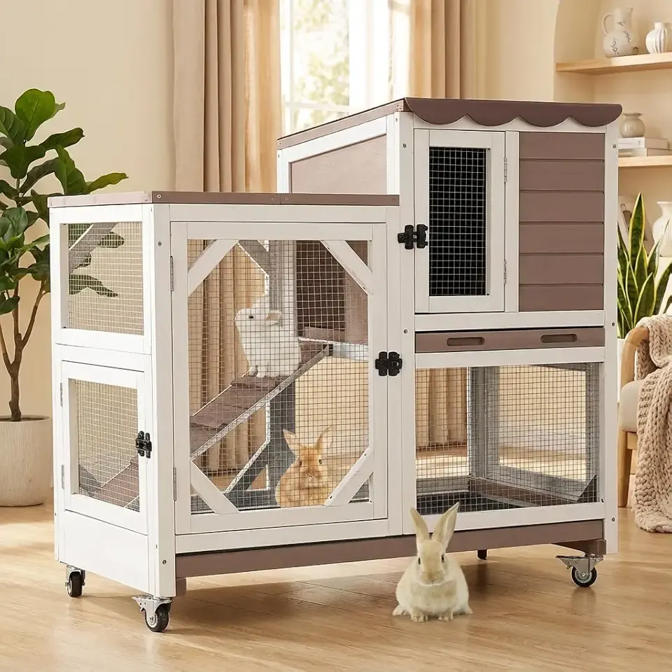 Aivituvin 39.3" Large 2-Story Rabbit Hutch, Indoor Outdoor Bunny Cage with Chew-Proof Ramp, Leak-Proof & Easy-to-Clean Tray, Lockable Wheels, for Rabbits & Guinea Pigs