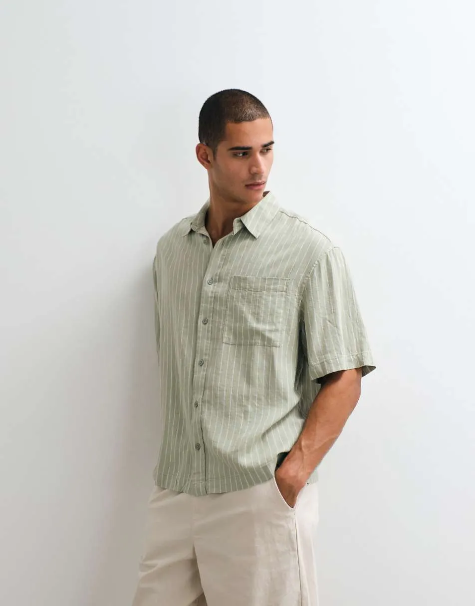 ASOS DESIGN oversized linen blend stripe shirt in sage green