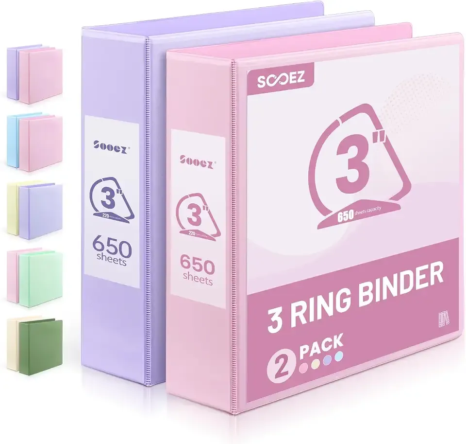 Sooez BinderX 3 Inch 3 Ring Binder, D-Ring Large Binders, Holds 650 Sheets of 8.5x11 Paper, PVC-Free, Customizable View Cover with 2 Inside Pockets, School & Office Supplies, Assorted Pastels, 2-Pack