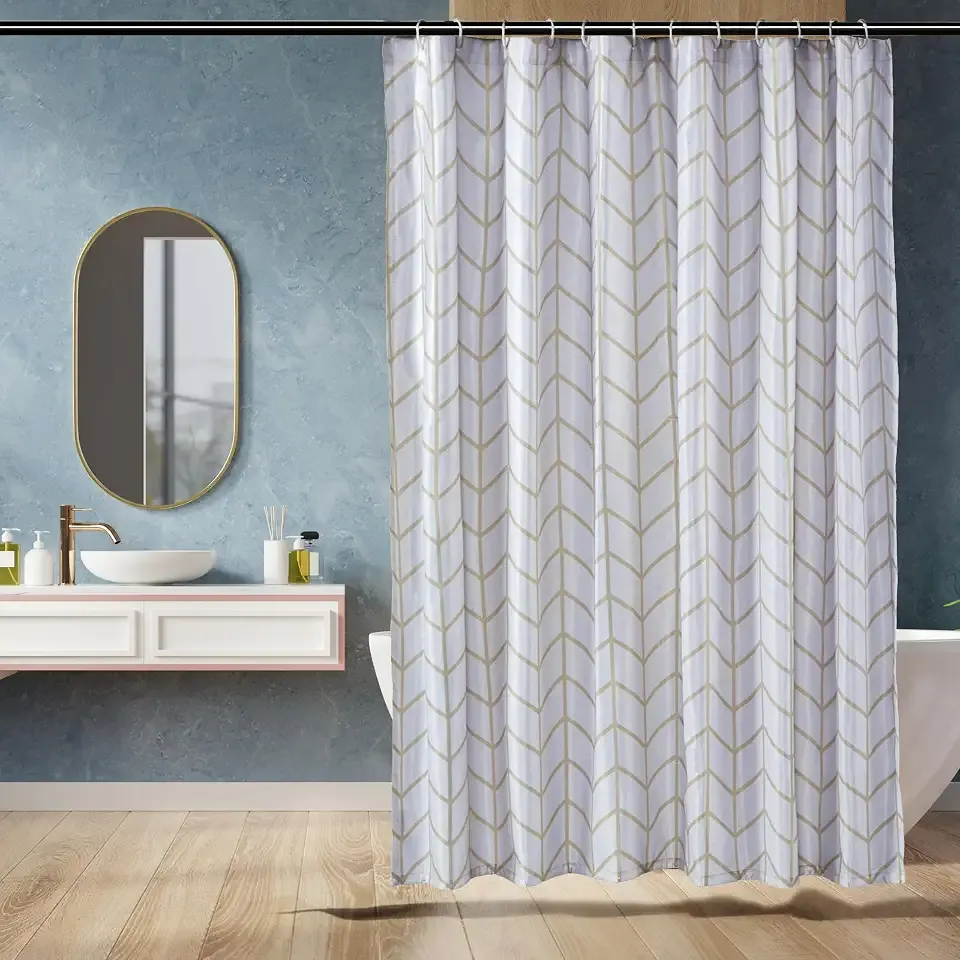Amazon Basics Bathroom Shower Curtain, Water Resistant Fabric with Weighted Hem, Rust Resistant Grommets & Hooks, Machine Washable, 72"x72", Natural Herringbone