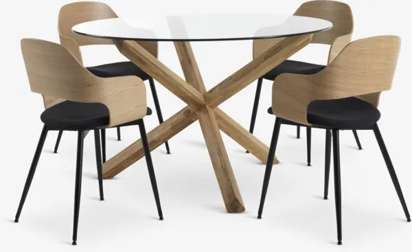 AGERBY Ø119 naturel eiken + 4 HVIDOVRE naturel eiken/zwart
